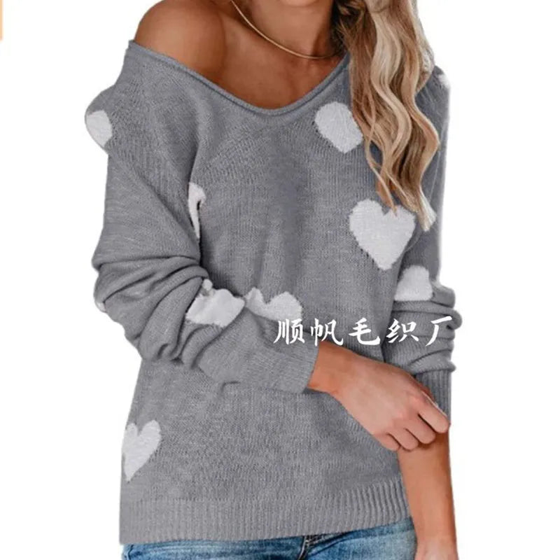 Women Sweaters - Scoop Neck Cold Shoulder Girly Hearts Sweaters