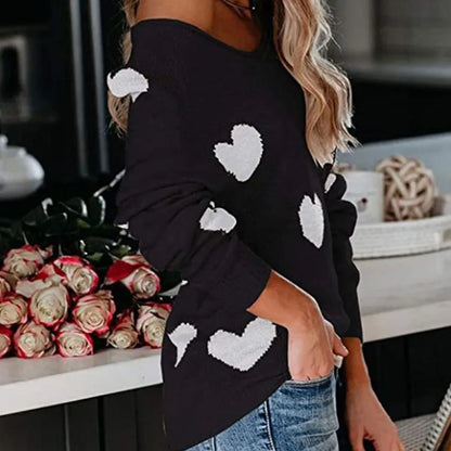 Women Sweaters - Scoop Neck Cold Shoulder Girly Hearts Sweaters