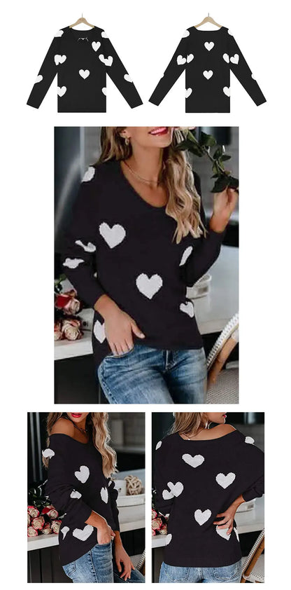 Women Sweaters - Scoop Neck Cold Shoulder Girly Hearts Sweaters