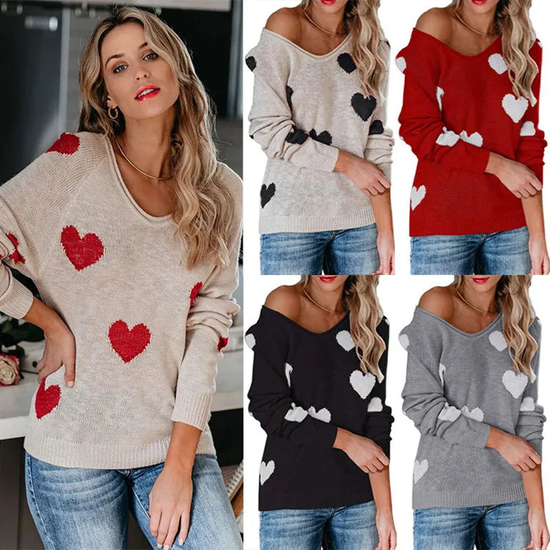 Women Sweaters - Scoop Neck Cold Shoulder Girly Hearts Sweaters