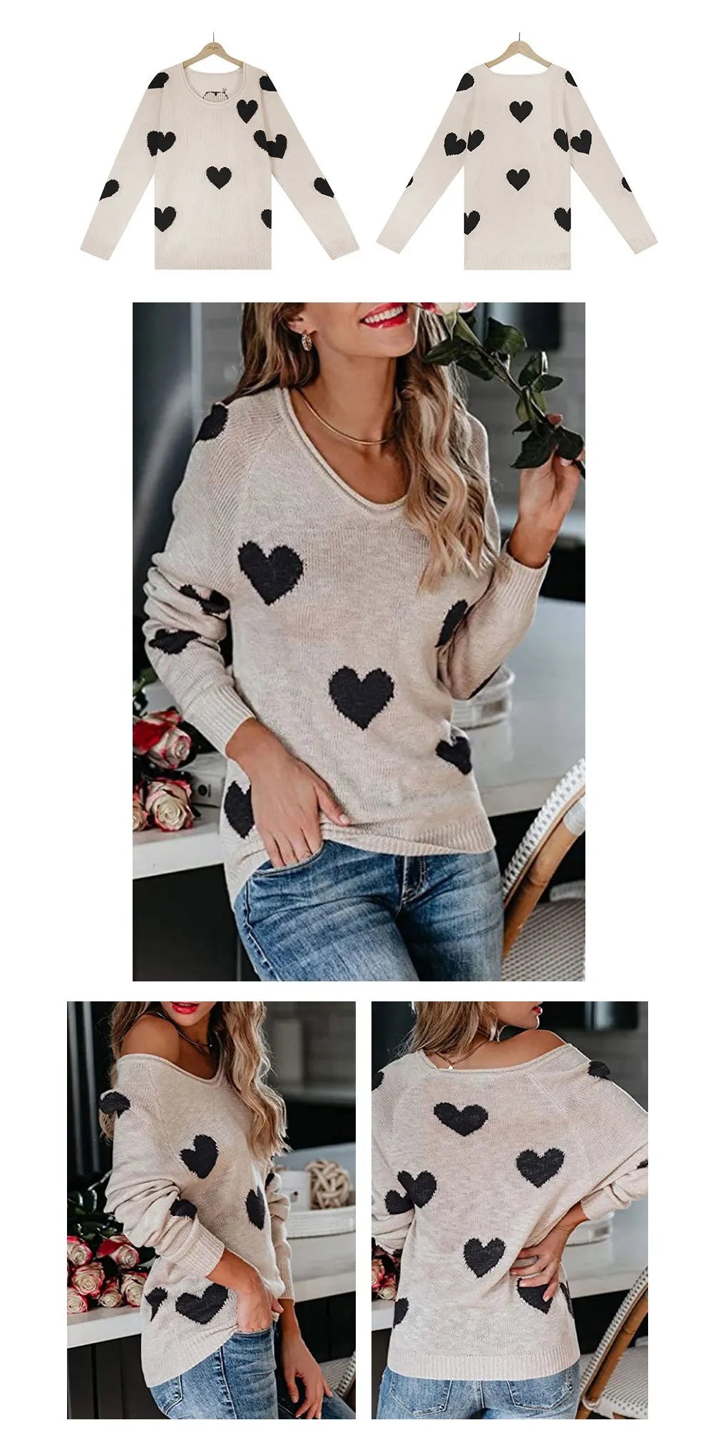 Women Sweaters - Scoop Neck Cold Shoulder Girly Hearts Sweaters