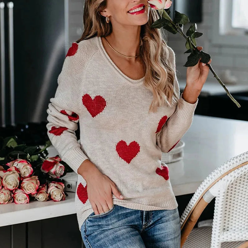 Women Sweaters - Scoop Neck Cold Shoulder Girly Hearts Sweaters