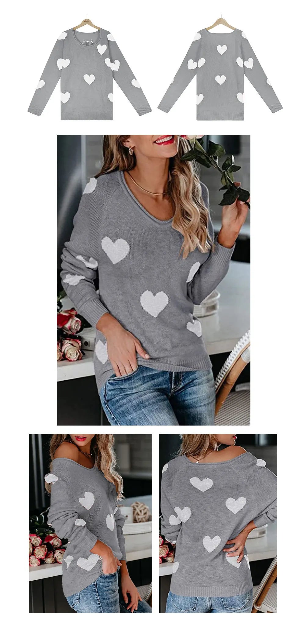 Women Sweaters - Scoop Neck Cold Shoulder Girly Hearts Sweaters