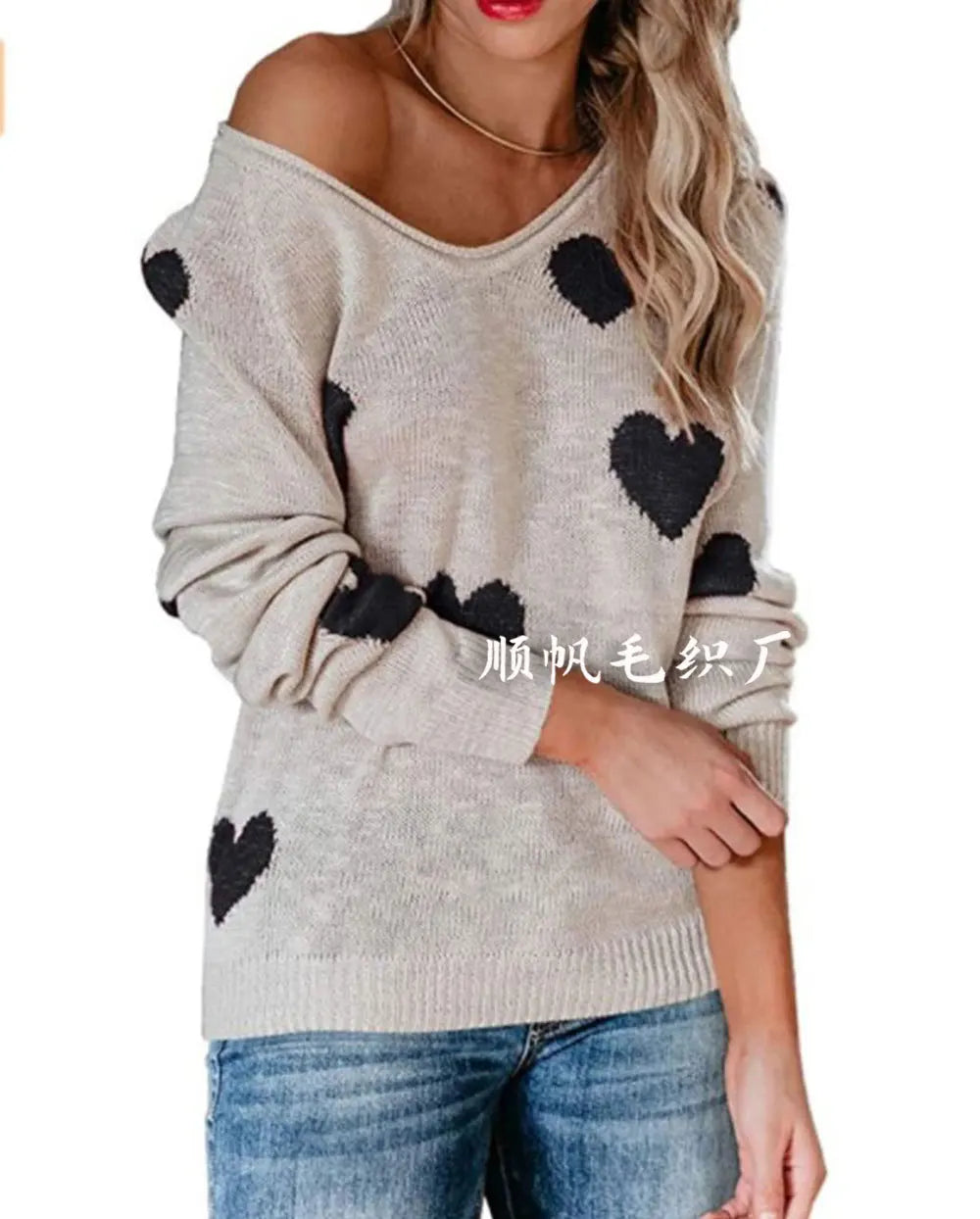 Women Sweaters - Scoop Neck Cold Shoulder Girly Hearts Sweaters