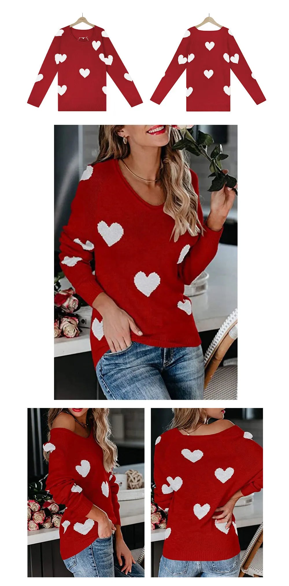 Women Sweaters - Scoop Neck Cold Shoulder Girly Hearts Sweaters