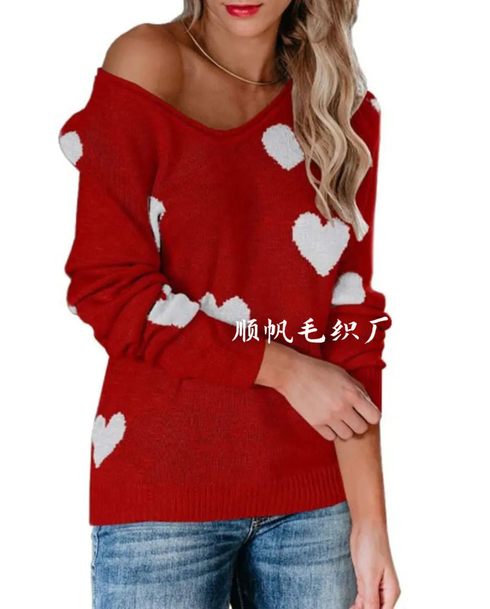 Women Sweaters - Scoop Neck Cold Shoulder Girly Hearts Sweaters