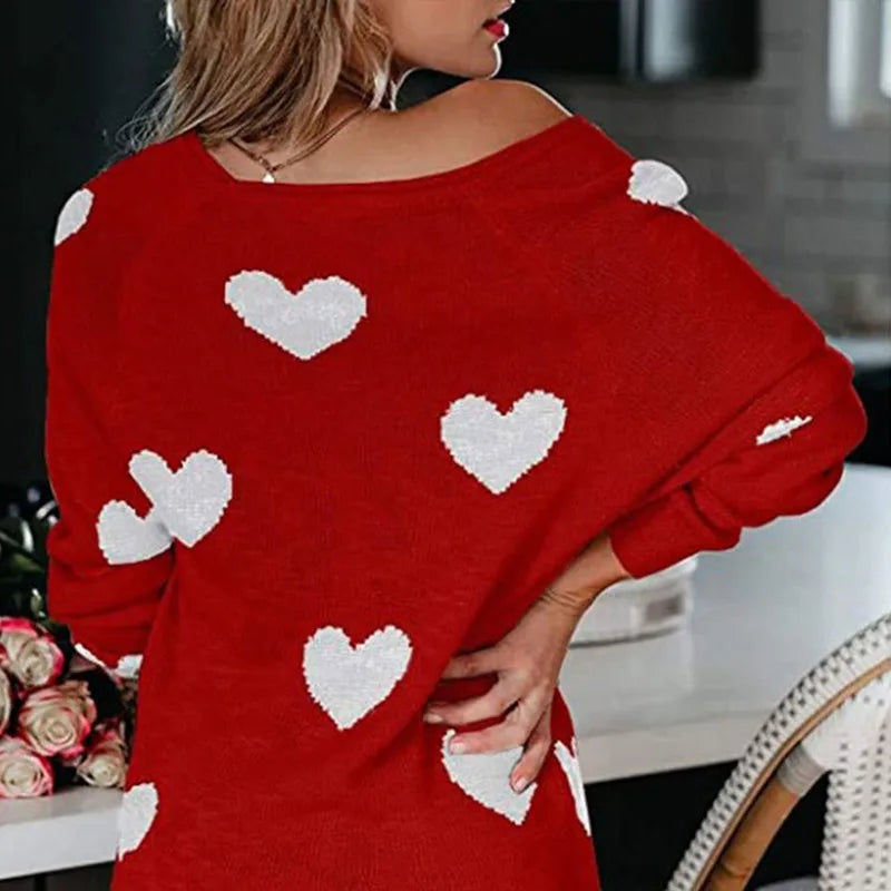 Women Sweaters - Scoop Neck Cold Shoulder Girly Hearts Sweaters