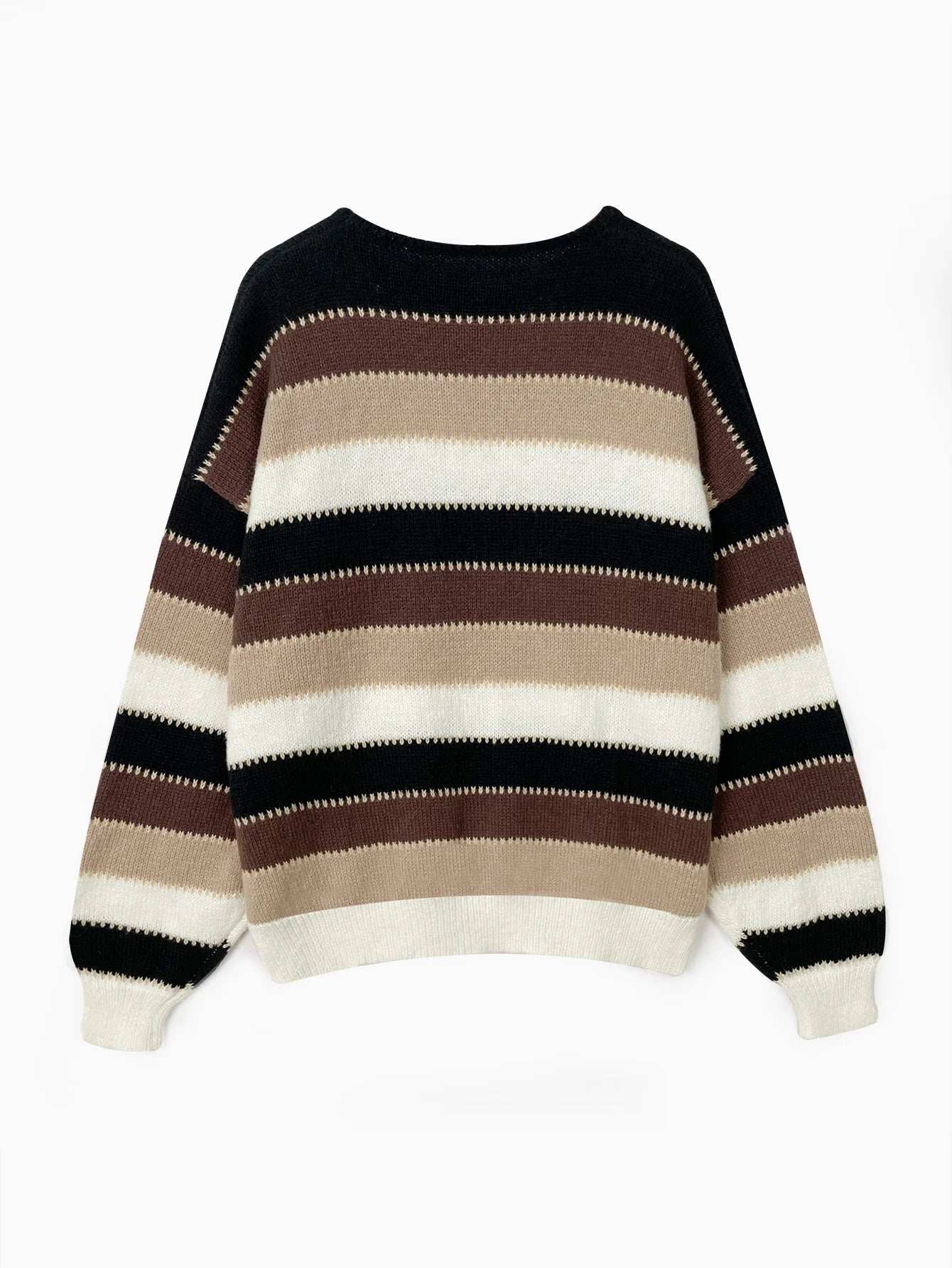 Women Sweaters - Scooped Neck Brown Striped Ribbed Knit Sweaters