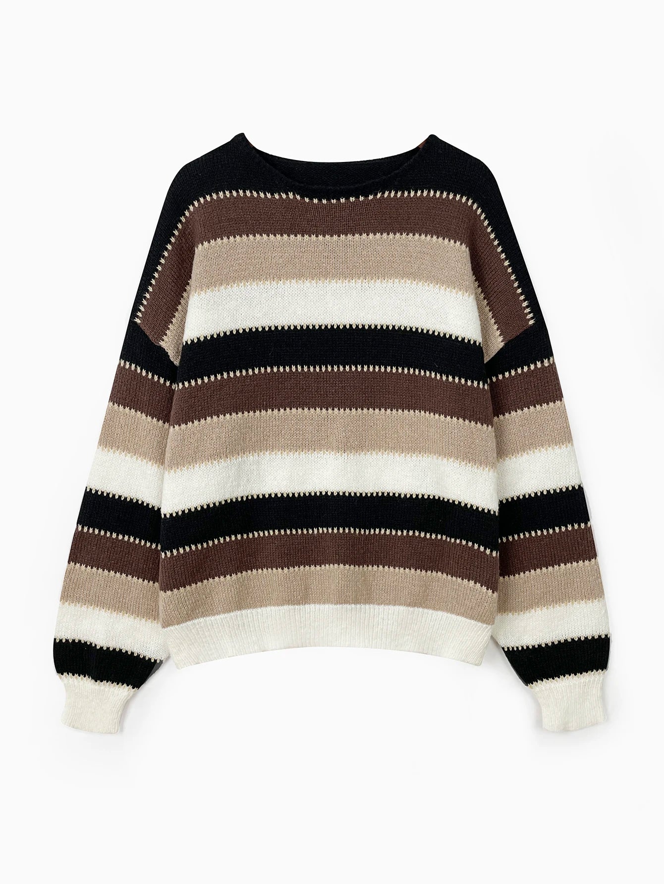 Women Sweaters - Scooped Neck Brown Striped Ribbed Knit Sweaters