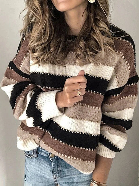 Women Sweaters - Scooped Neck Brown Striped Ribbed Knit Sweaters