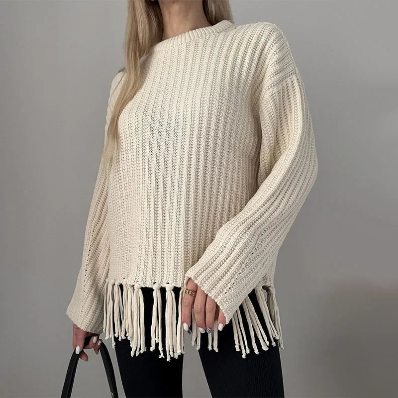 Women Sweaters - Tassel Hem Knit Pullover – Winter Essential Sweater