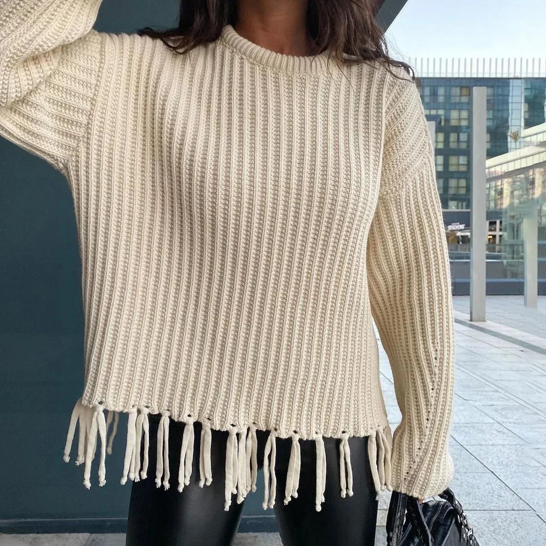 Women Sweaters - Tassel Hem Knit Pullover – Winter Essential Sweater