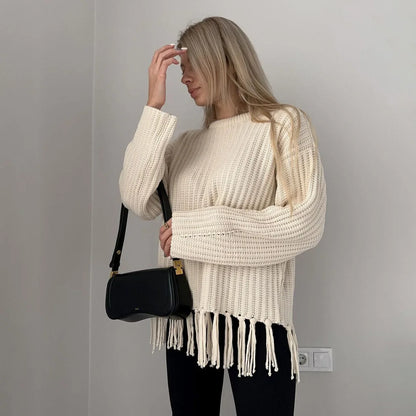 Women Sweaters - Tassel Hem Knit Pullover – Winter Essential Sweater