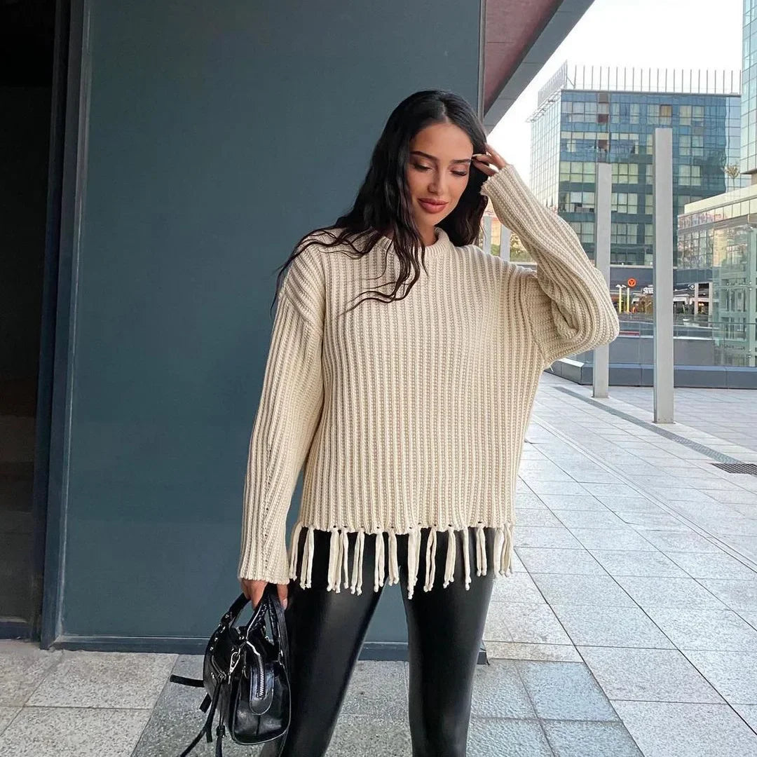 Women Sweaters - Tassel Hem Knit Pullover – Winter Essential Sweater