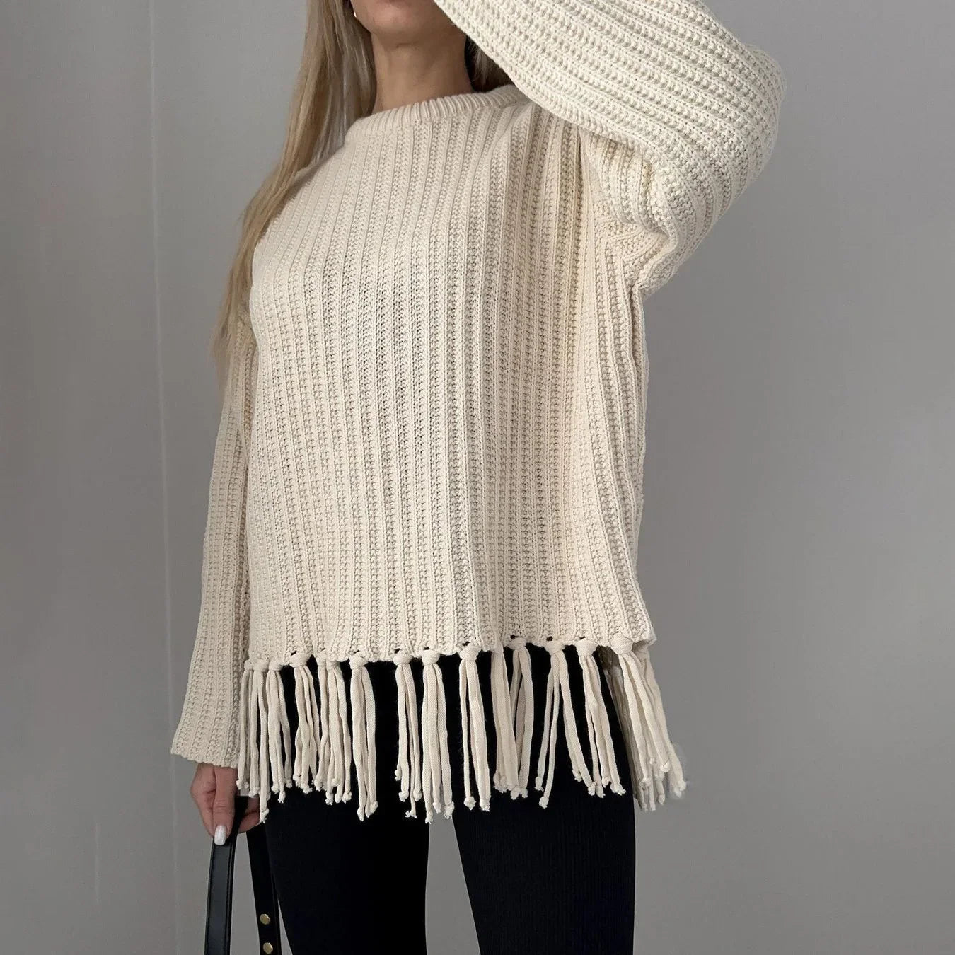 Women Sweaters - Tassel Hem Knit Pullover – Winter Essential Sweater