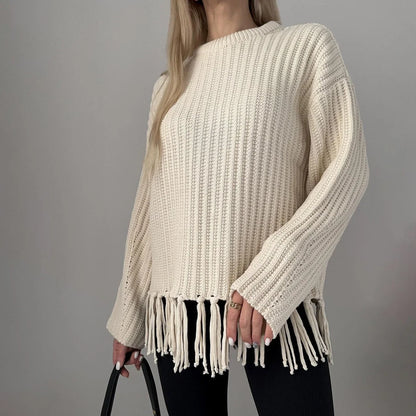 Women Sweaters - Tassel Hem Knit Pullover – Winter Essential Sweater