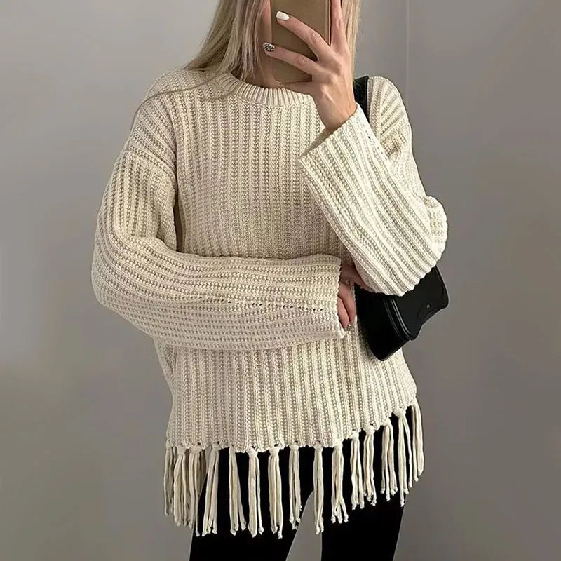 Women Sweaters - Tassel Hem Knit Pullover – Winter Essential Sweater