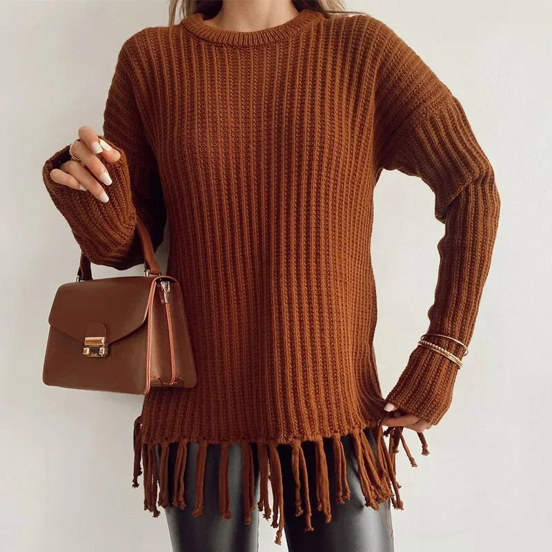 Women Sweaters - Tassel Hem Knit Pullover – Winter Essential Sweater