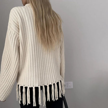 Women Sweaters - Tassel Hem Knit Pullover – Winter Essential Sweater