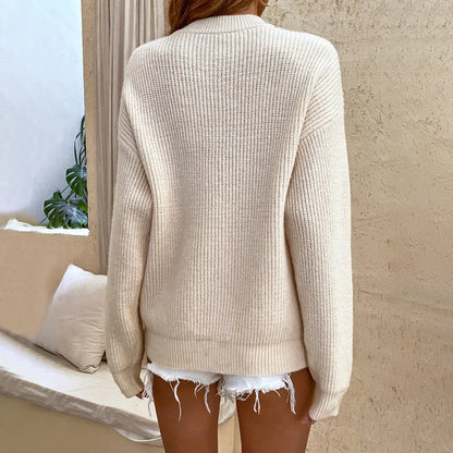 Women Sweaters - Thick Grain Rib Knit Henley Sweaters