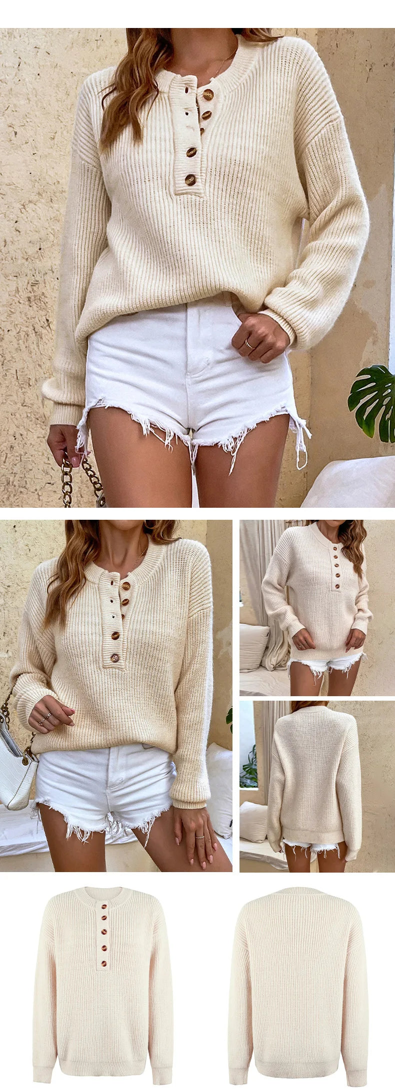 Women Sweaters - Thick Grain Rib Knit Henley Sweaters