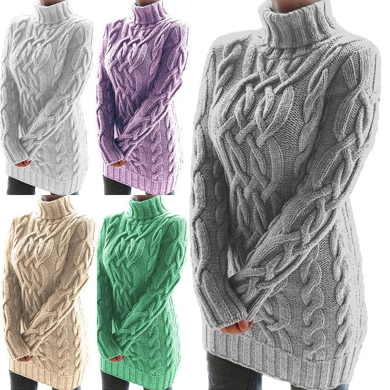 Women Sweaters - Turtle-neck Sweater Thick Cable Knit for Layering