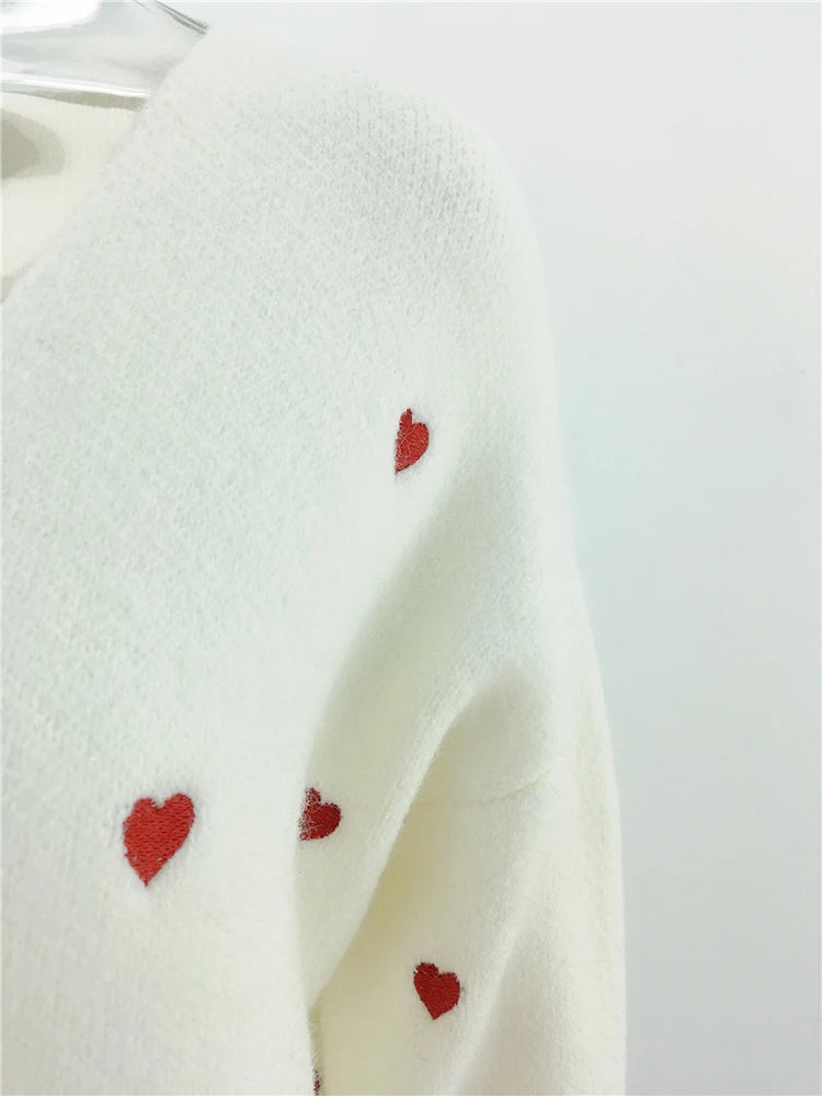 Women Sweaters - V Neck Cold Shoulder Mini Heart Sweater