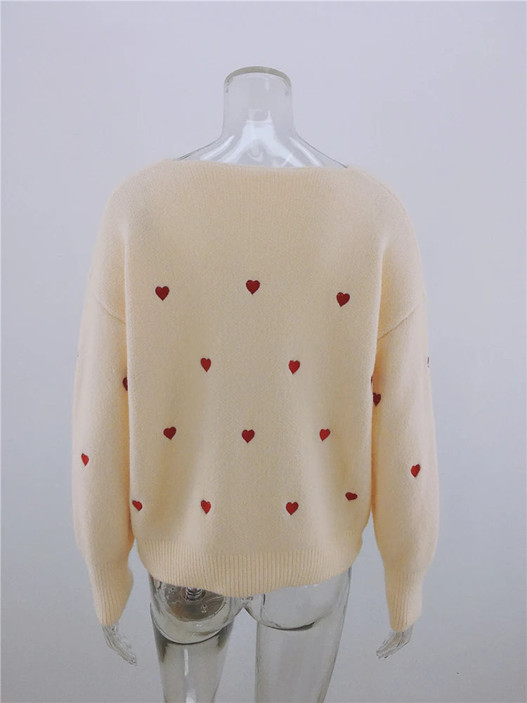 Women Sweaters - V Neck Cold Shoulder Mini Heart Sweater