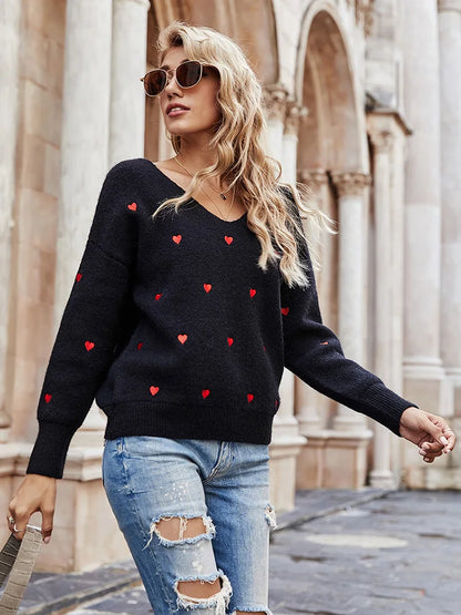 Women Sweaters - V Neck Cold Shoulder Mini Heart Sweater