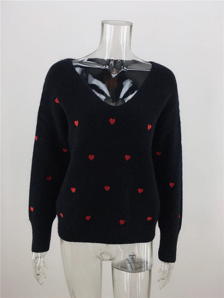 Women Sweaters - V Neck Cold Shoulder Mini Heart Sweater