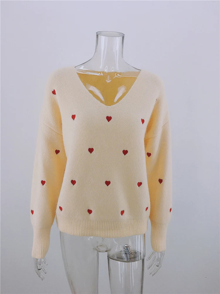 Women Sweaters - V Neck Cold Shoulder Mini Heart Sweater