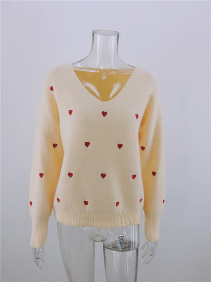 Women Sweaters - V Neck Cold Shoulder Mini Heart Sweater