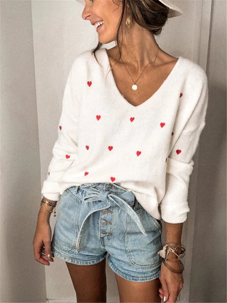 Women Sweaters - V Neck Cold Shoulder Mini Heart Sweater