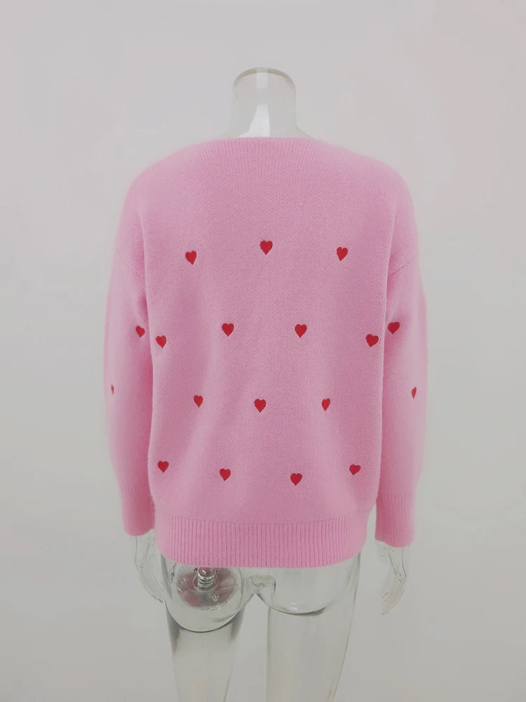 Women Sweaters - V Neck Cold Shoulder Mini Heart Sweater