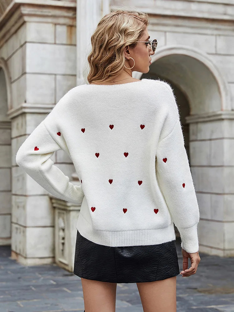 Women Sweaters - V Neck Cold Shoulder Mini Heart Sweater