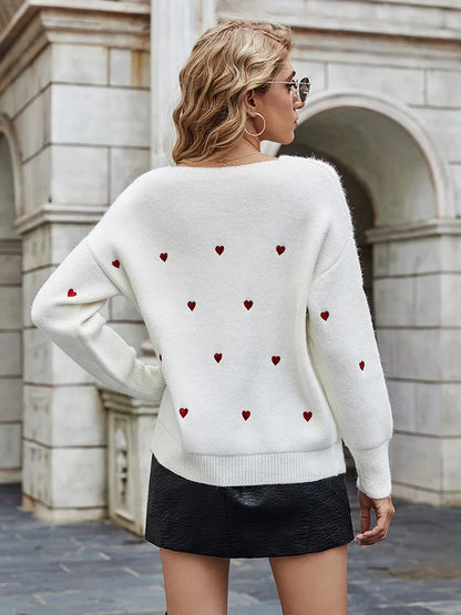 Women Sweaters - V Neck Cold Shoulder Mini Heart Sweater