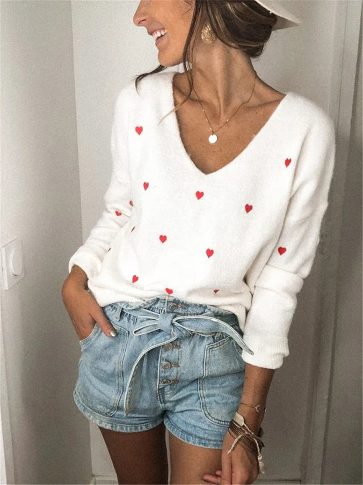 Women Sweaters - V Neck Cold Shoulder Mini Heart Sweater