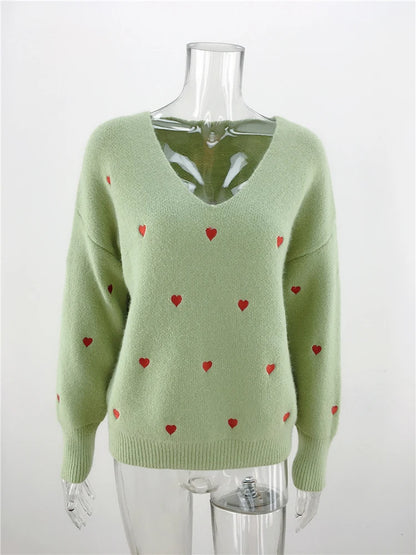 Women Sweaters - V Neck Cold Shoulder Mini Heart Sweater