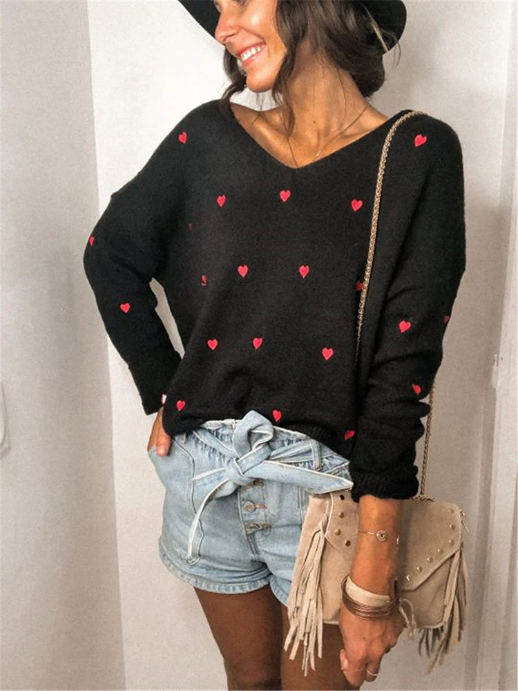 Women Sweaters - V Neck Cold Shoulder Mini Heart Sweater