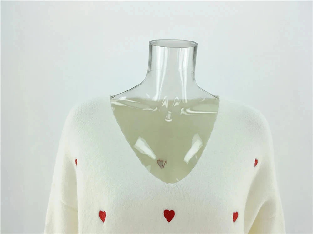 Women Sweaters - V Neck Cold Shoulder Mini Heart Sweater