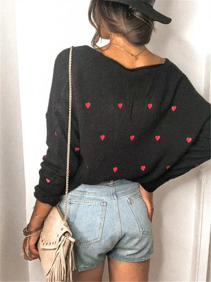 Women Sweaters - V Neck Cold Shoulder Mini Heart Sweater