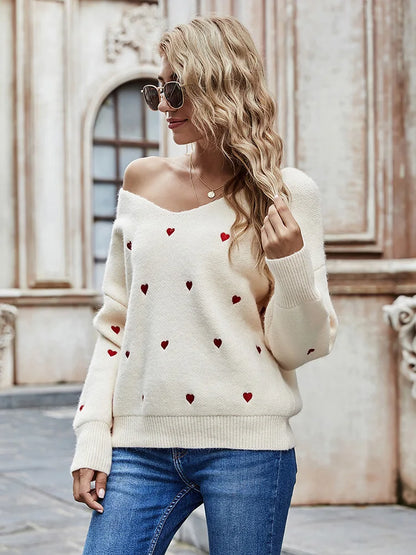 Women Sweaters - V Neck Cold Shoulder Mini Heart Sweater