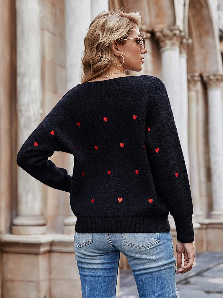 Women Sweaters - V Neck Cold Shoulder Mini Heart Sweater