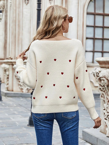 Women Sweaters - V Neck Cold Shoulder Mini Heart Sweater