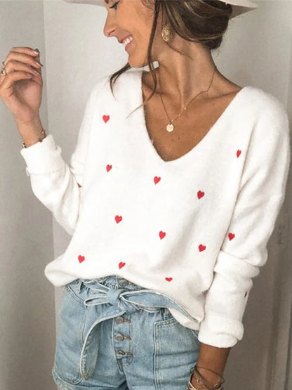 Women Sweaters - V Neck Cold Shoulder Mini Heart Sweater