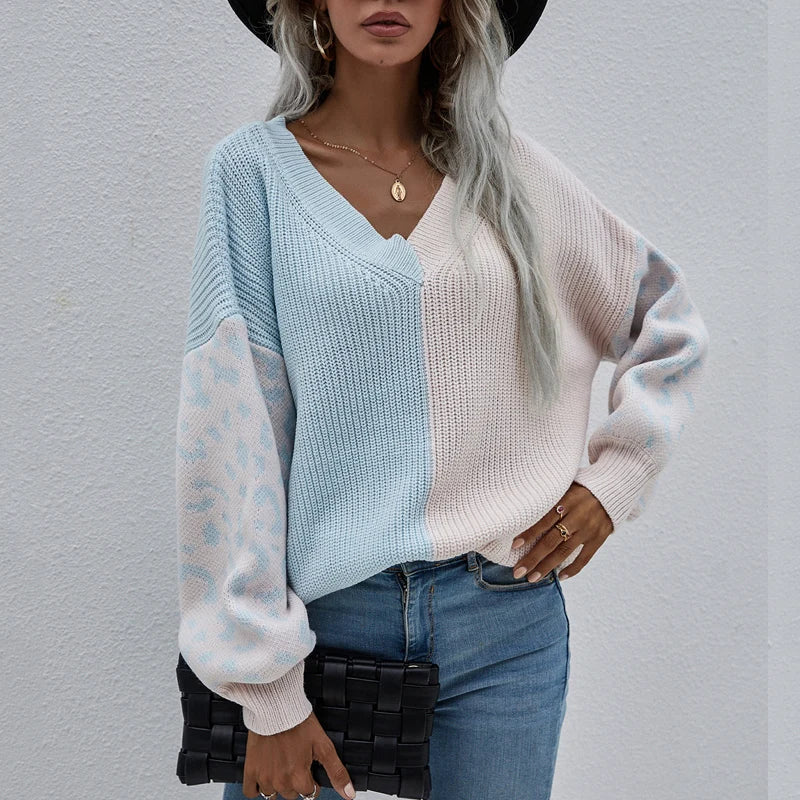 Women Sweaters - V-Neck Knit Sweater with Pop Leopard Detail on Sleeves