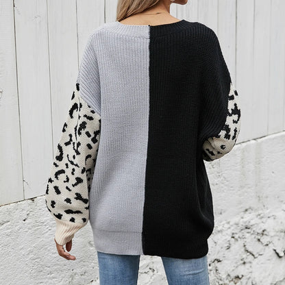 Women Sweaters - V-Neck Knit Sweater with Pop Leopard Detail on Sleeves