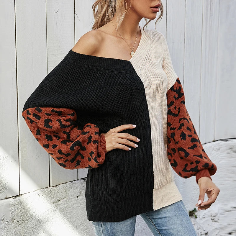 Women Sweaters - V-Neck Knit Sweater with Pop Leopard Detail on Sleeves