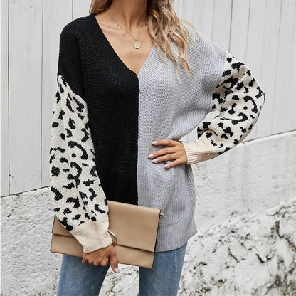 Women Sweaters - V-Neck Knit Sweater with Pop Leopard Detail on Sleeves