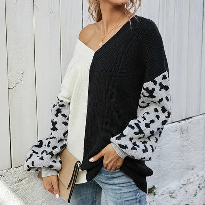 Women Sweaters - V-Neck Knit Sweater with Pop Leopard Detail on Sleeves